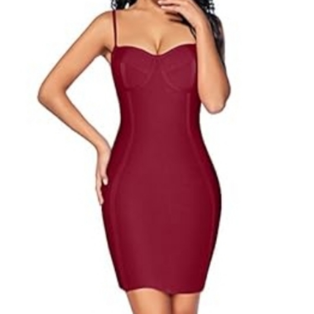 Houstil Women's Spaghetti Strap Maroon Bandage Bodycon Mini Dress with pads